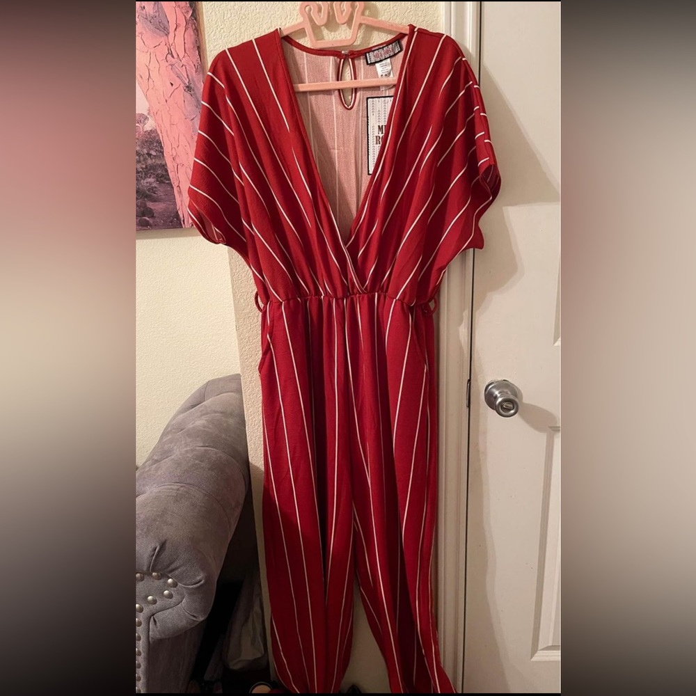 Mia Rose Plus Size Women’s long orange/white jumpsuit with pockets size 2X NEW